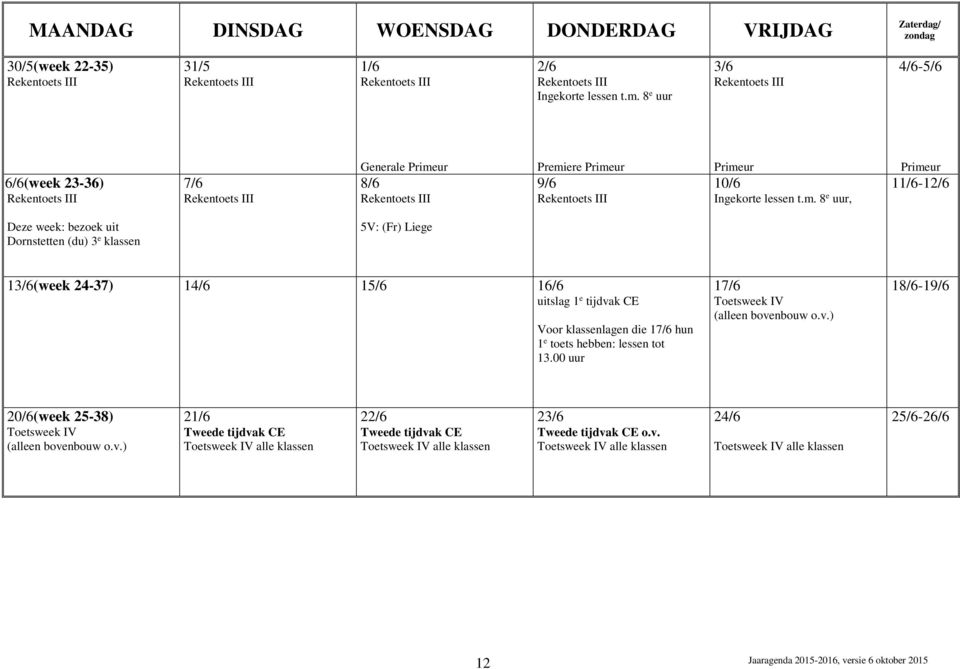 klassen 5V: (Fr) Liege 13/6(week 24-37) 14/6 15/6 16/6 uitslag 1 e tijdvak Voor klassenlagen die 17/6 hun 1 e toets hebben: lessen tot 13.