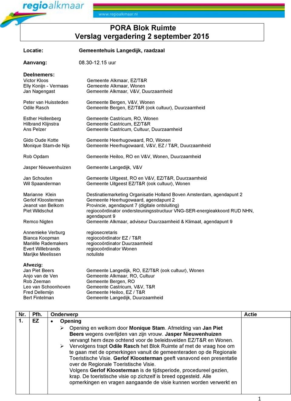 15 uur Gemeente Alkmaar, EZ/T&R Gemeente Alkmaar, Wonen Gemeente Alkmaar, V&V, Duurzaamheid Gemeente Bergen, V&V, Wonen Gemeente Bergen, EZ/T&R (ook cultuur), Duurzaamheid Gemeente Castricum, RO,