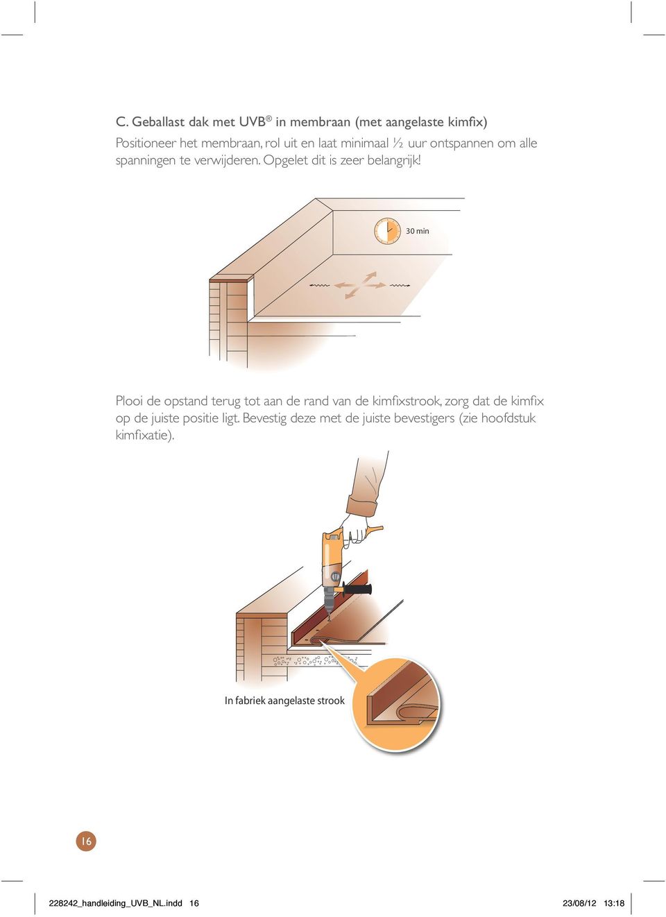 30 min Plooi de opstand terug tot aan de rand van de kimfixstrook, zorg dat de kimfix op de juiste positie ligt.