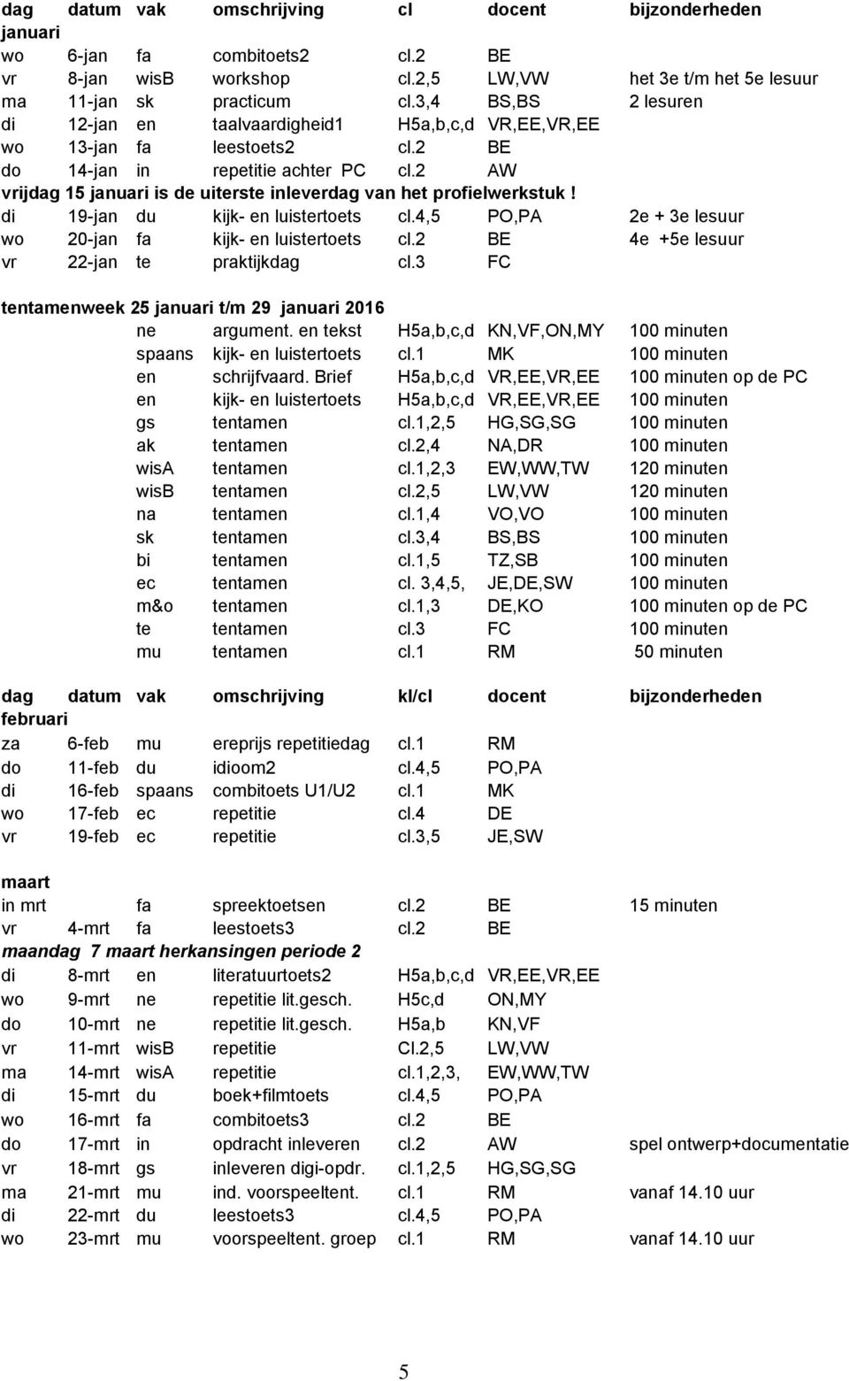 2 AW vrijdag 15 januari is de uiterste inleverdag van het profielwerkstuk! di 19-jan du kijk- en luistertoets cl.4,5 PO,PA 2e + 3e lesuur wo 20-jan fa kijk- en luistertoets cl.