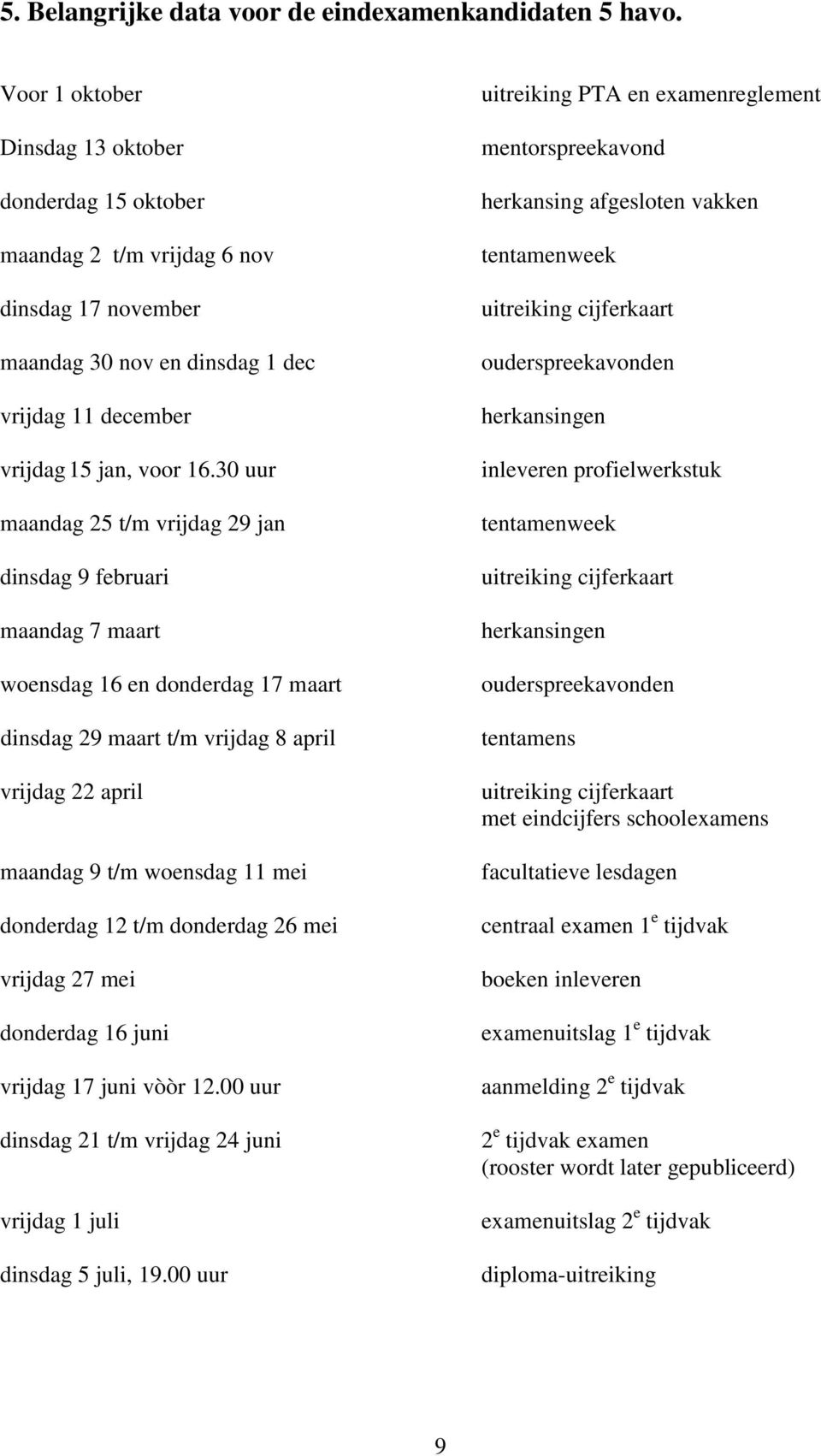 30 uur maandag 25 t/m vrijdag 29 jan dinsdag 9 februari maandag 7 maart woensdag 16 en donderdag 17 maart dinsdag 29 maart t/m vrijdag 8 april vrijdag 22 april maandag 9 t/m woensdag 11 mei donderdag