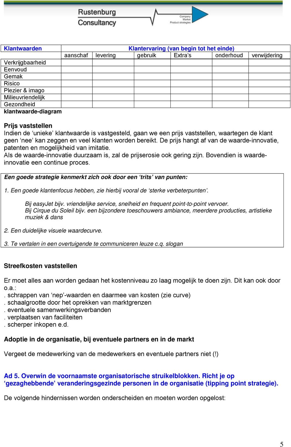 Als de waarde-innovatie duurzaam is, zal de prijserosie ook gering zijn. Bovendien is waardeinnovatie een continue proces. Een goede strategie kenmerkt zich ook door een trits van punten: 1.