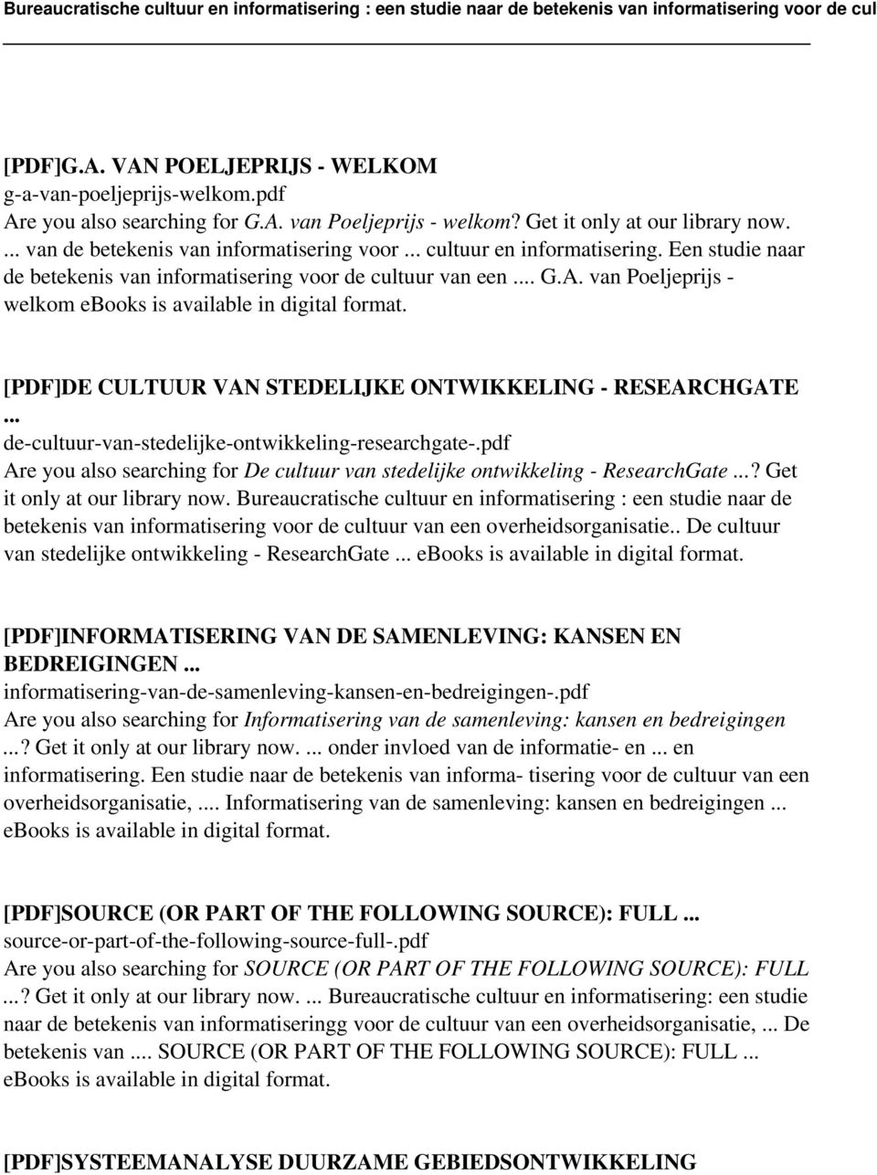 van Poeljeprijs - welkom ebooks is available in digital [PDF]DE CULTUUR VAN STEDELIJKE ONTWIKKELING - RESEARCHGATE... de-cultuur-van-stedelijke-ontwikkeling-researchgate-.
