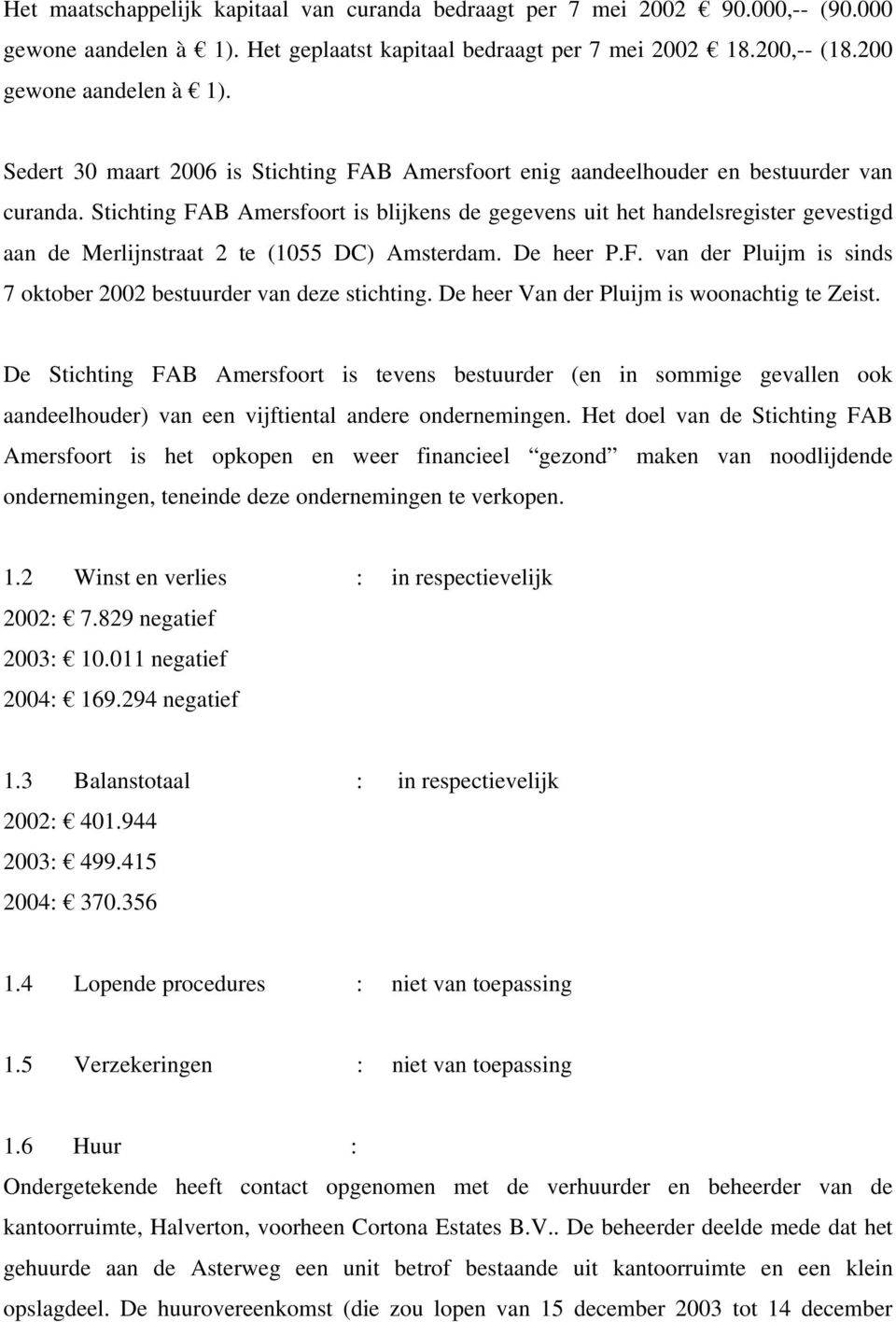 Stichting FAB Amersfoort is blijkens de gegevens uit het handelsregister gevestigd aan de Merlijnstraat 2 te (1055 DC) Amsterdam. De heer P.F. van der Pluijm is sinds 7 oktober 2002 bestuurder van deze stichting.