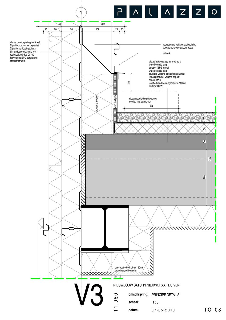 laag druklaag volgens opgaaf constructeur kanaalplaatvloer volgens opgaaf constructeur isolatie brandwerend(heraklith) 120mm Rc 3,5m2K/W 260