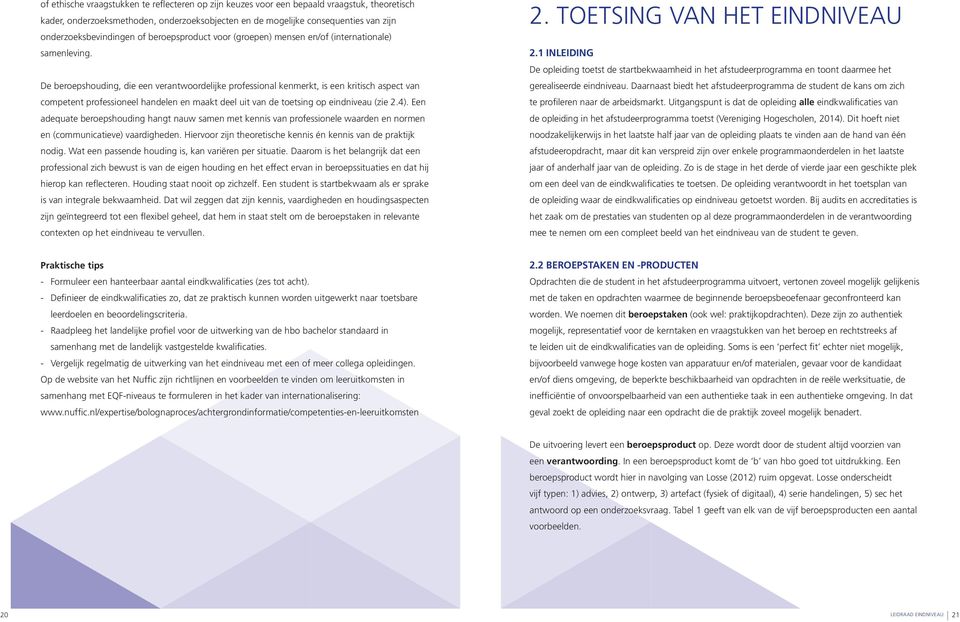 De beroepshouding, die een verantwoordelijke professional kenmerkt, is een kritisch aspect van competent professioneel handelen en maakt deel uit van de toetsing op eindniveau (zie 2.4).