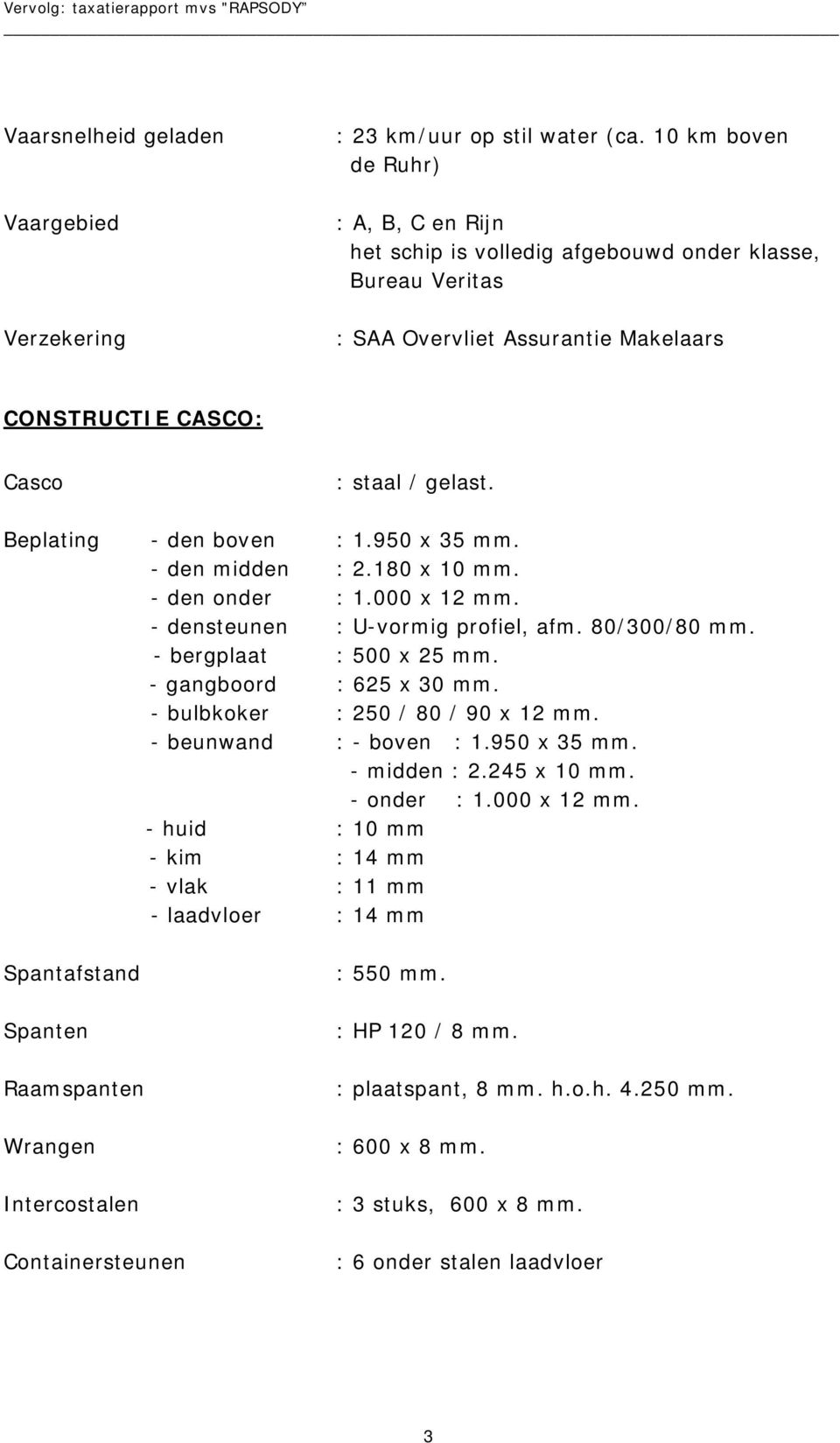 Beplating - den boven : 1.950 x 35 mm. - den midden : 2.180 x 10 mm. - den onder : 1.000 x 12 mm. - densteunen : U-vormig profiel, afm. 80/300/80 mm. - bergplaat : 500 x 25 mm.