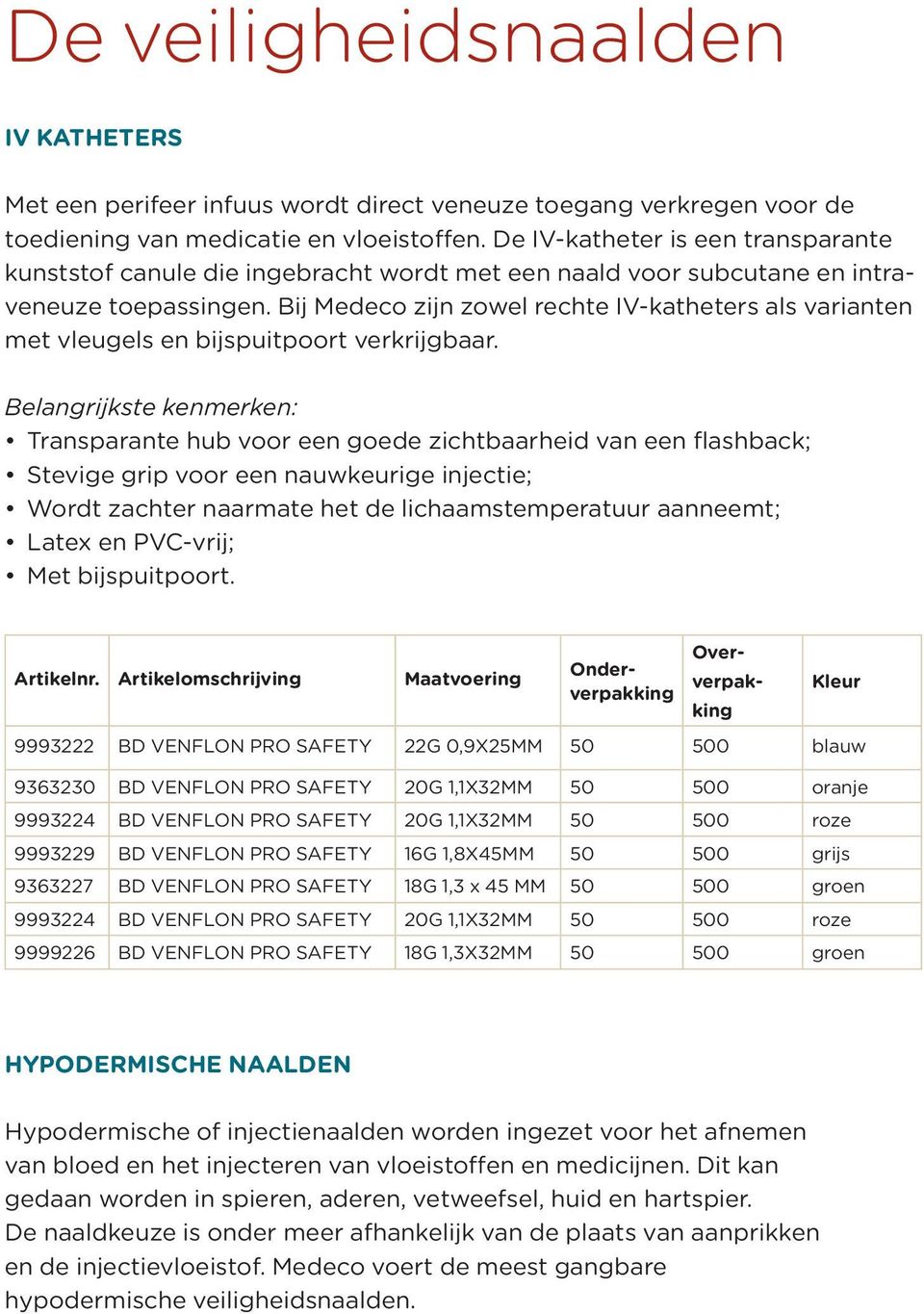 Bij Medeco zijn zowel rechte IV-katheters als varianten met vleugels en bijspuit poort verkrijgbaar.