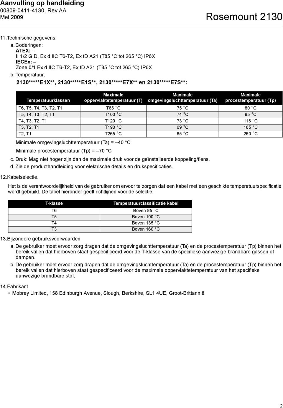 Temperatuur: 2130*****E1X**, 2130*****E1S**, 2130*****E7X** en 2130*****E7S**: Minimale omgevingsluchttemperatuur (Ta) = 40 C Minimale procestemperatuur (Tp) = 70 C c.