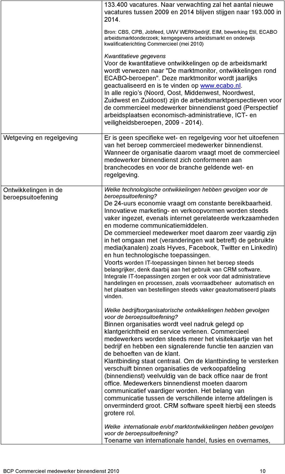 Voor de kwantitatieve ontwikkelingen op de arbeidsmarkt wordt verwezen naar "De marktmonitor, ontwikkelingen rond ECABO-beroepen".