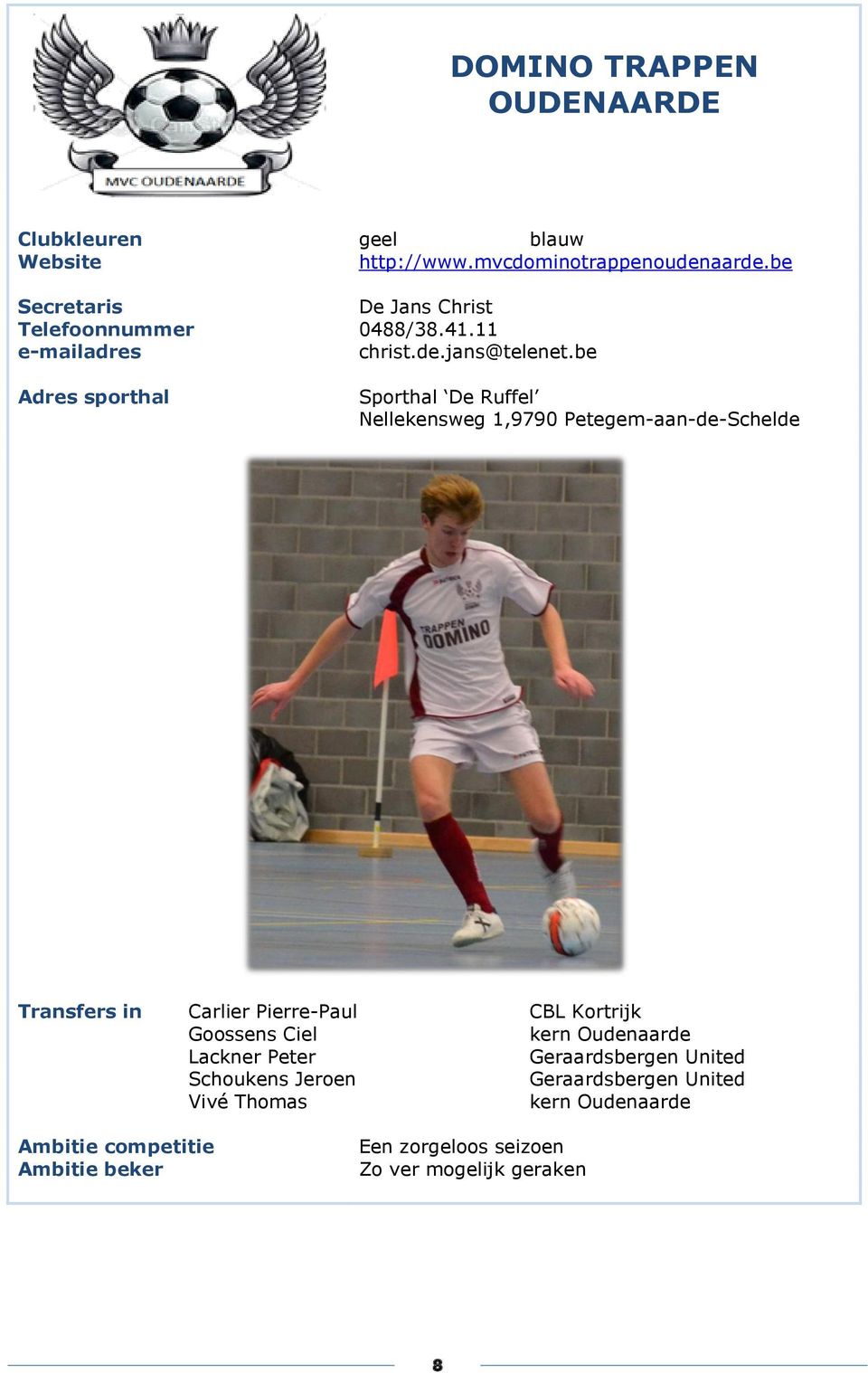 be Adres sporthal Sporthal De Ruffel Nellekensweg 1,9790 Petegem-aan-de-Schelde Transfers in Carlier Pierre-Paul CBL Kortrijk