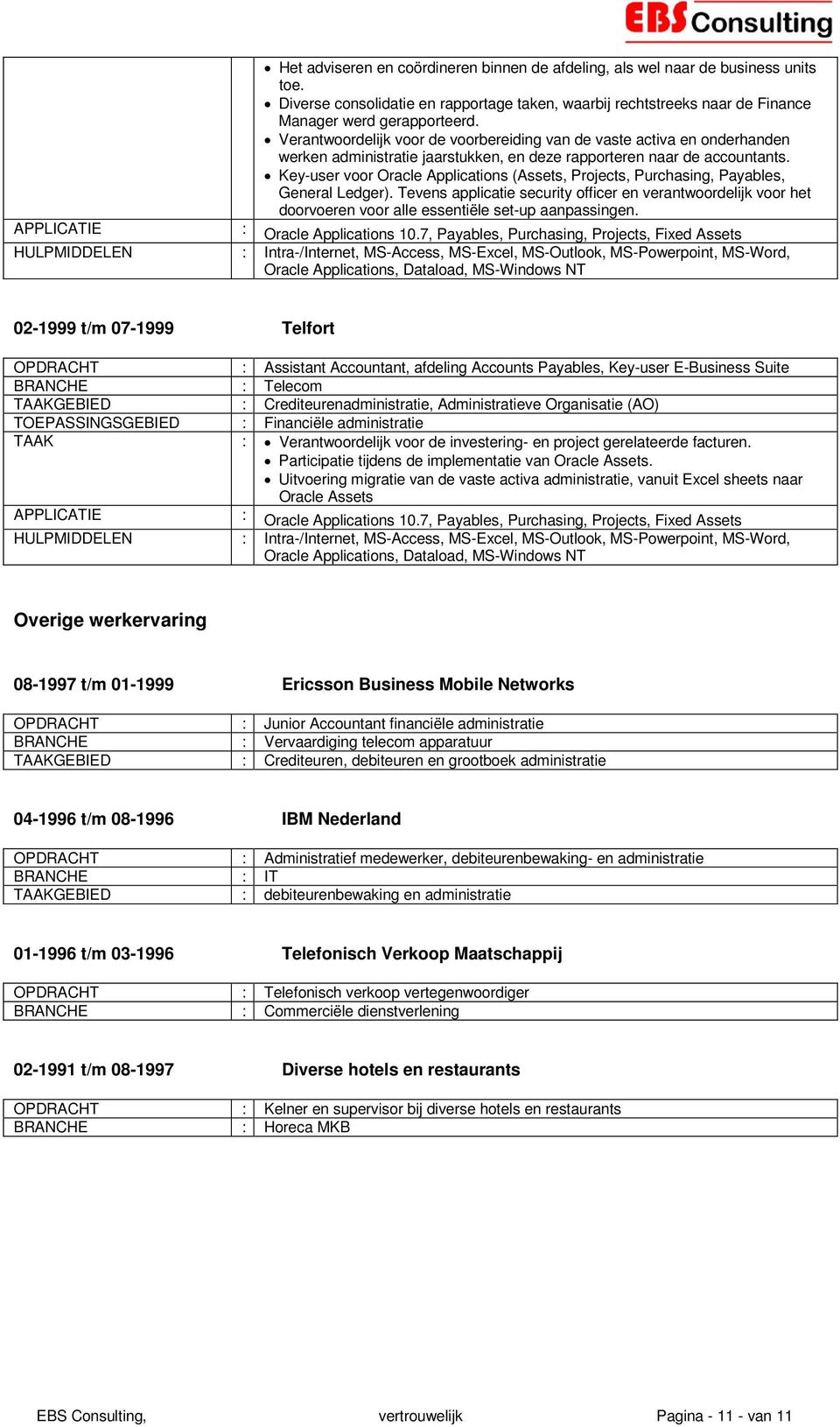 Key-user voor Oracle Applications (Assets, Projects, Purchasing, Payables, General Ledger).