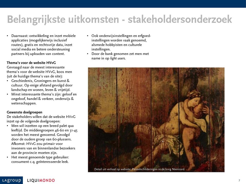 Thema s voor de website HVvG Gevraagd naar de meest interessante thema s voor de website HVvG, koos men (uit de huidige thema s van de site): Geschiedenis, Groningers en kunst & cultuur.