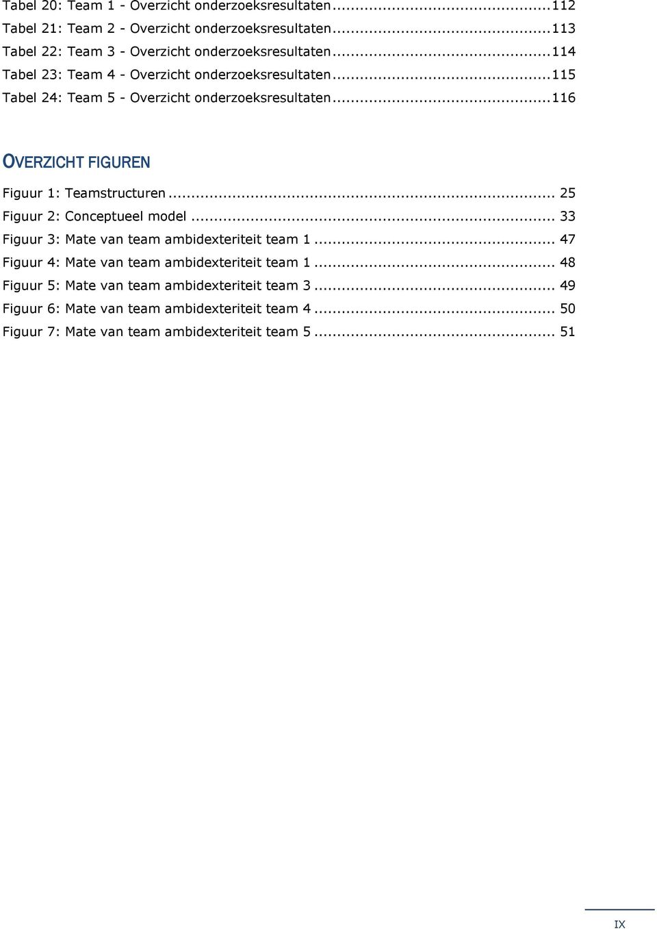 .. 115 Tabel 24: Team 5 - Overzicht onderzoeksresultaten... 116 OVERZICHT FIGUREN Figuur 1: Teamstructuren... 25 Figuur 2: Conceptueel model.