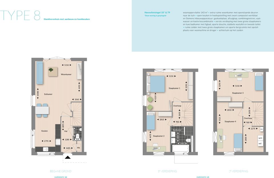 eerste verdieping met twee grote slaapkamers en luxe badkamer met ligbad, aparte douche, dubbele wastafel en tweede toilet ruime zolder met twee grote slaapkamers en aparte