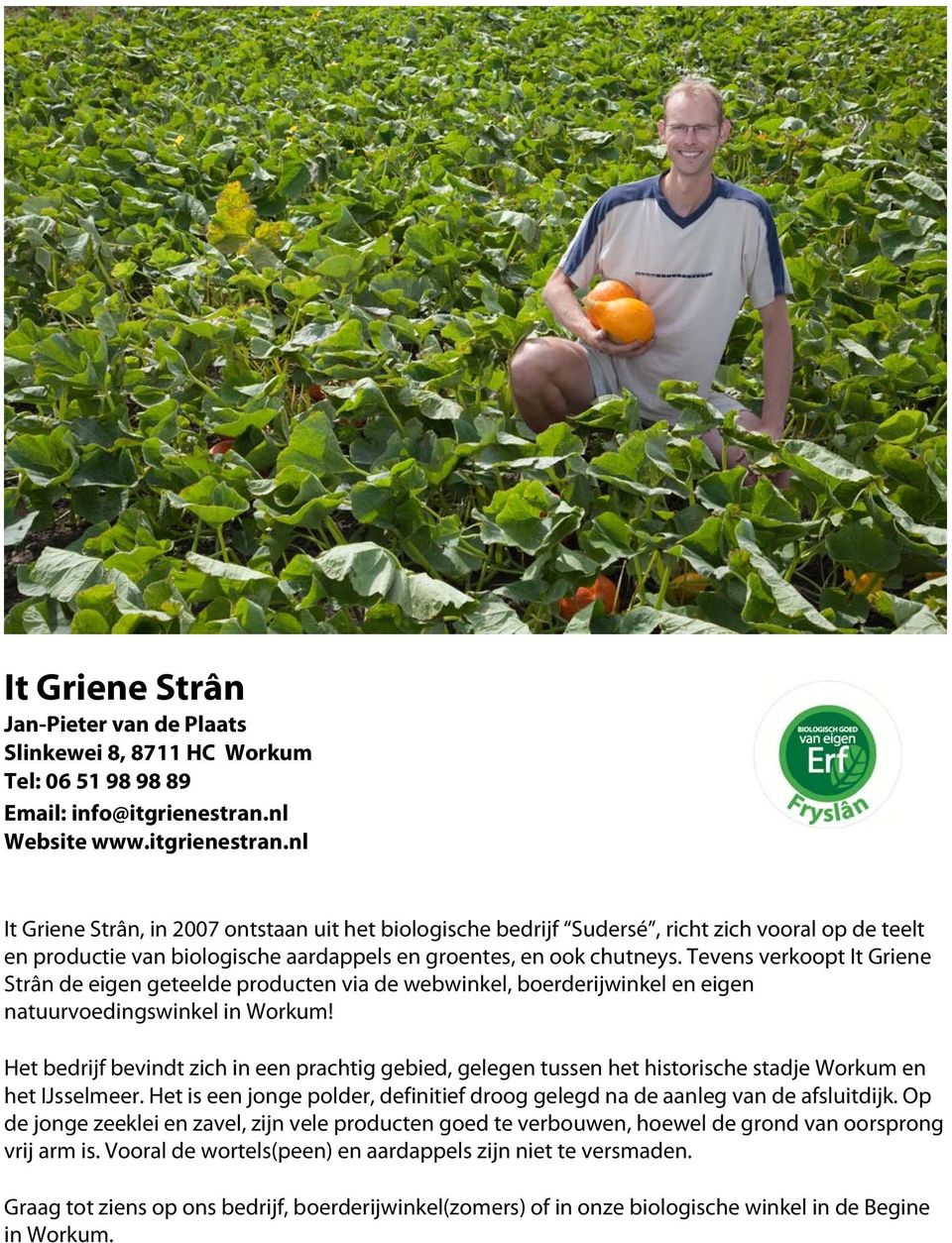 nl It Griene Strân, in 2007 ontstaan uit het biologische bedrijf Sudersé, richt zich vooral op de teelt en productie van biologische aardappels en groentes, en ook chutneys.