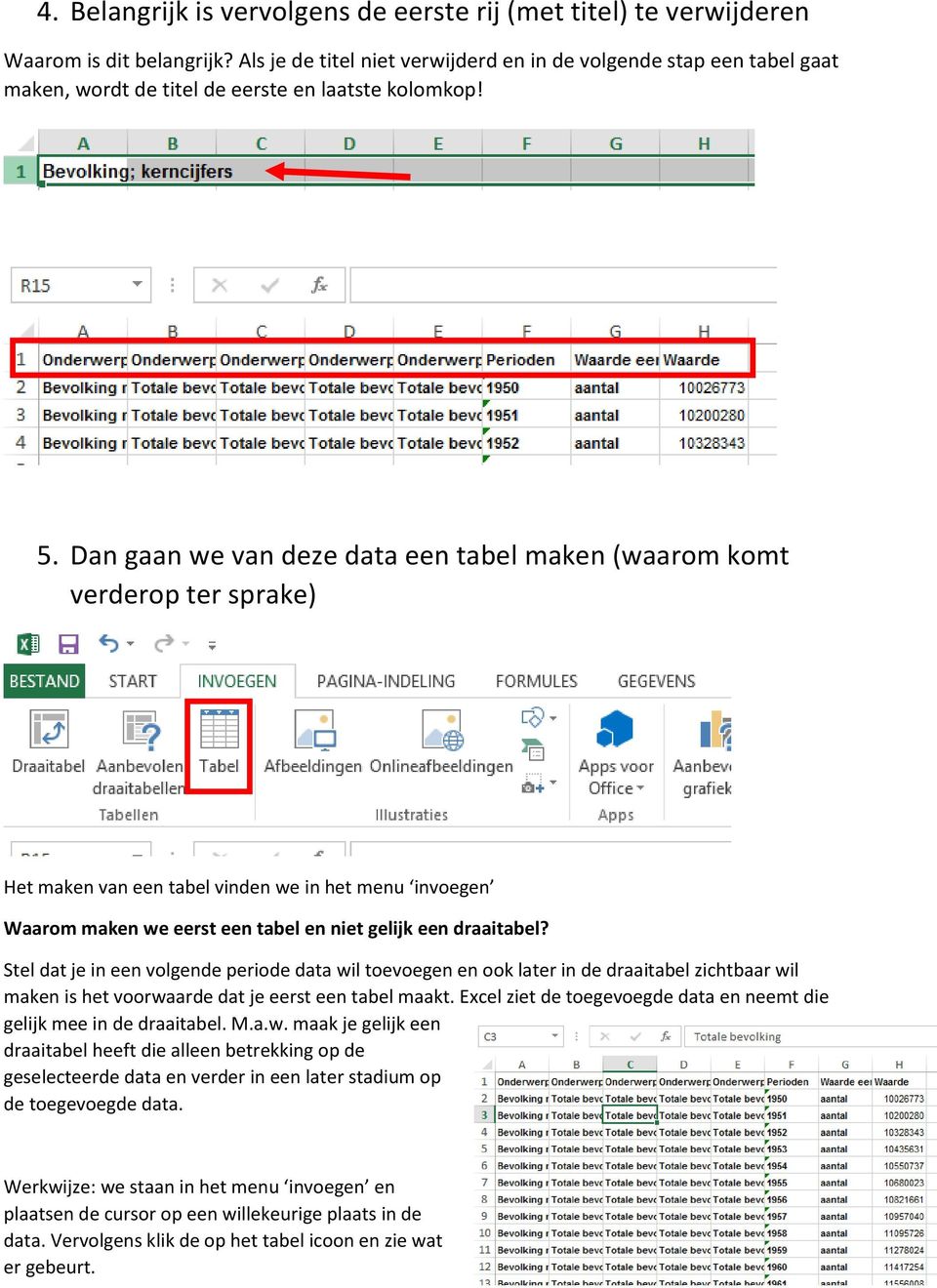 Dan gaan we van deze data een tabel maken (waarom komt verderop ter sprake) Het maken van een tabel vinden we in het menu invoegen Waarom maken we eerst een tabel en niet gelijk een draaitabel?