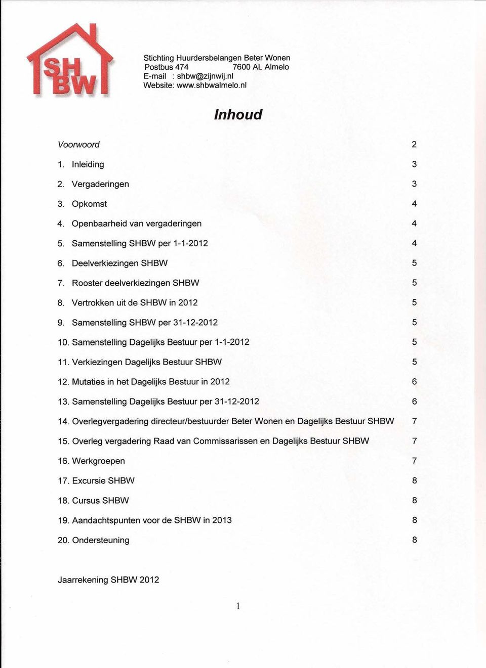 Samenstelling SHBW per 31-12-2012 5 10. Samenstelling Dagelijks Bestuur per 1-1-2012 5 11. Verkiezingen Dagelijks Bestuur SHBW 5 12. Mutaties in het Dagelijks Bestuur in 2012 6 13.