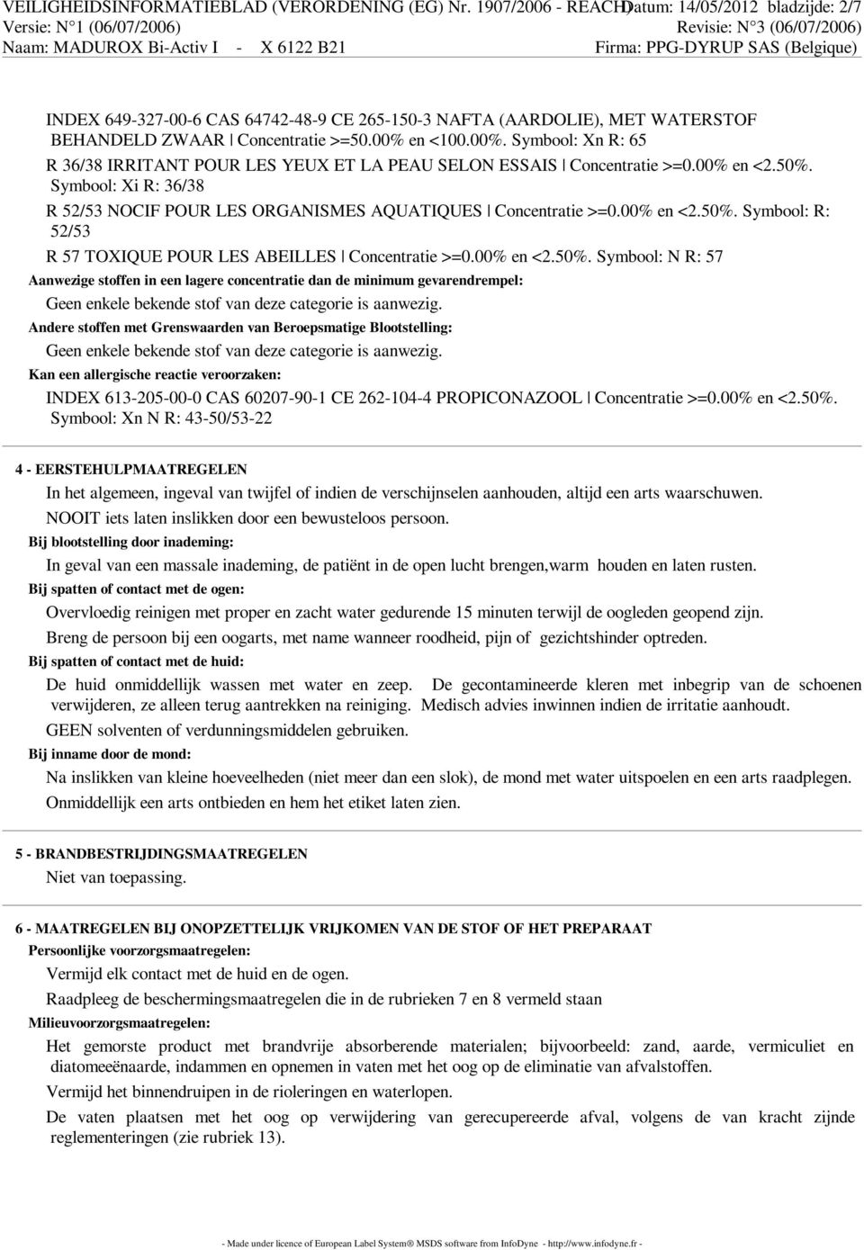 en <100.00%. Symbool: Xn R: 65 R 36/38 IRRITANT POUR LES YEUX ET LA PEAU SELON ESSAIS Concentratie >=0.00% en <2.50%.