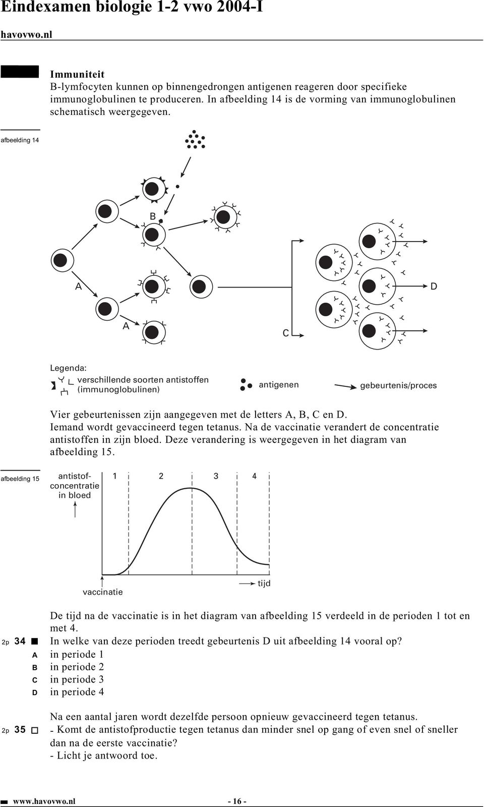 Iemand wordt gevaccineerd tegen tetanus. Na de vaccinatie verandert de concentratie antistoffen in zijn bloed. Deze verandering is weergegeven in het diagram van afbeelding 15.