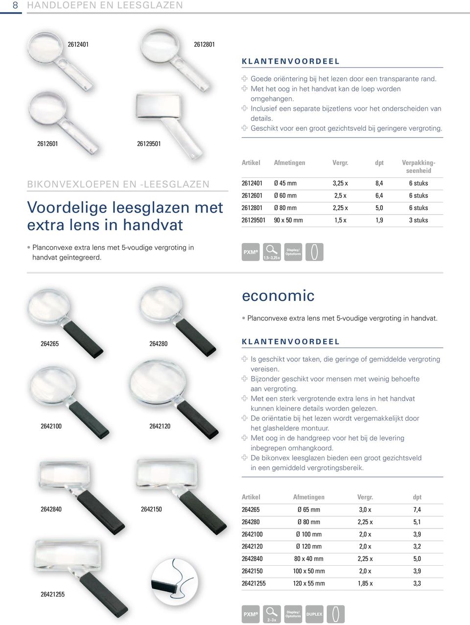 2612601 26129501 Bikonvexloepen en -leesglazen Voordelige leesglazen met extra lens in handvat Afmetingen Verpakkingseenheid 2612401 Ø 45 mm 3,25 x 8,4 6 stuks 2612601 Ø 60 mm 2,5 x 6,4 6 stuks