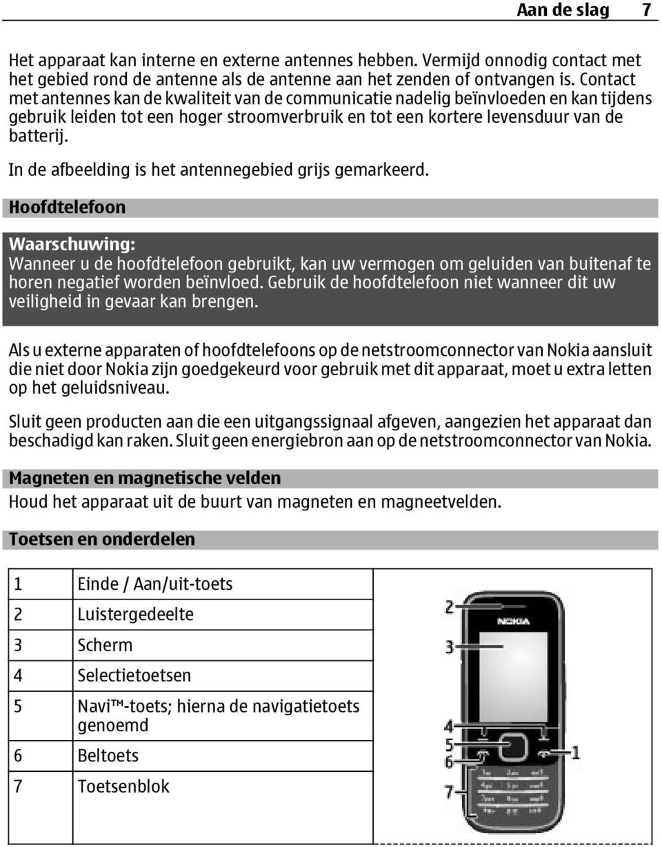 In de afbeelding is het antennegebied grijs gemarkeerd. Hoofdtelefoon Waarschuwing: Wanneer u de hoofdtelefoon gebruikt, kan uw vermogen om geluiden van buitenaf te horen negatief worden beïnvloed.