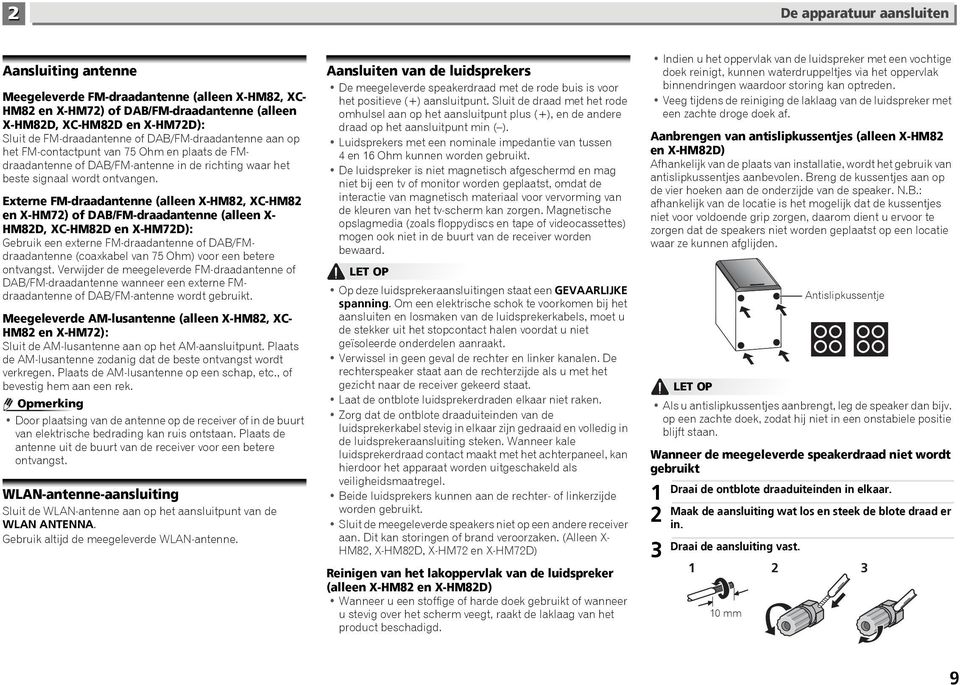 Externe FM-draadantenne (alleen X-HM8, XC-HM8 en X-HM7) of DAB/FM-draadantenne (alleen X- HM8D, XC-HM8D en X-HM7D): Gebruik een externe FM-draadantenne of DAB/FMdraadantenne (coaxkabel van 75 Ohm)