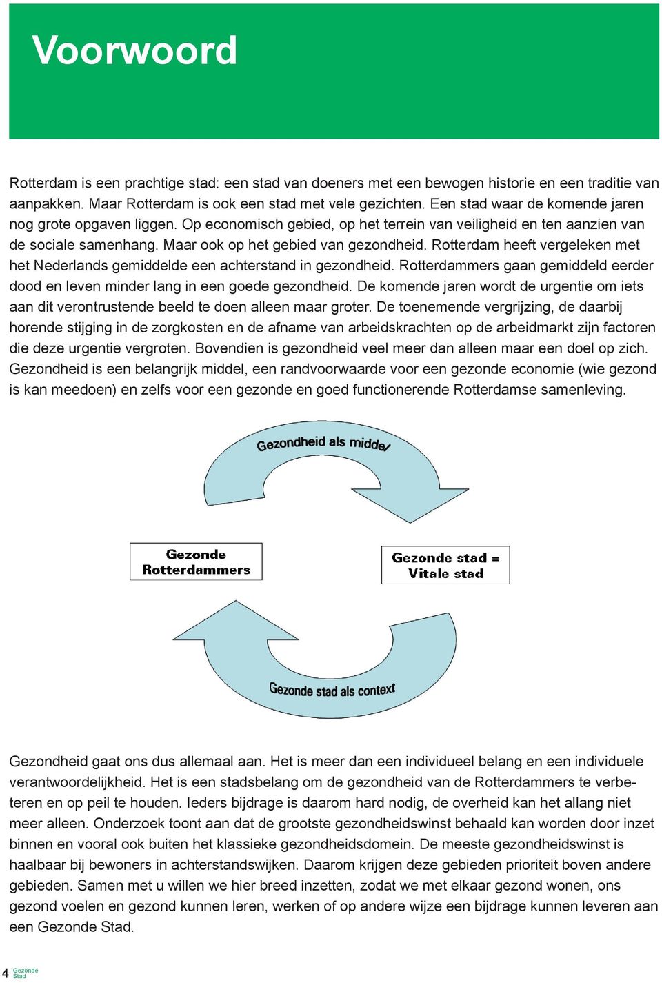 Rotterdam heeft vergeleken met het Nederlands gemiddelde een achterstand in gezondheid. Rotterdammers gaan gemiddeld eerder dood en leven minder lang in een goede gezondheid.