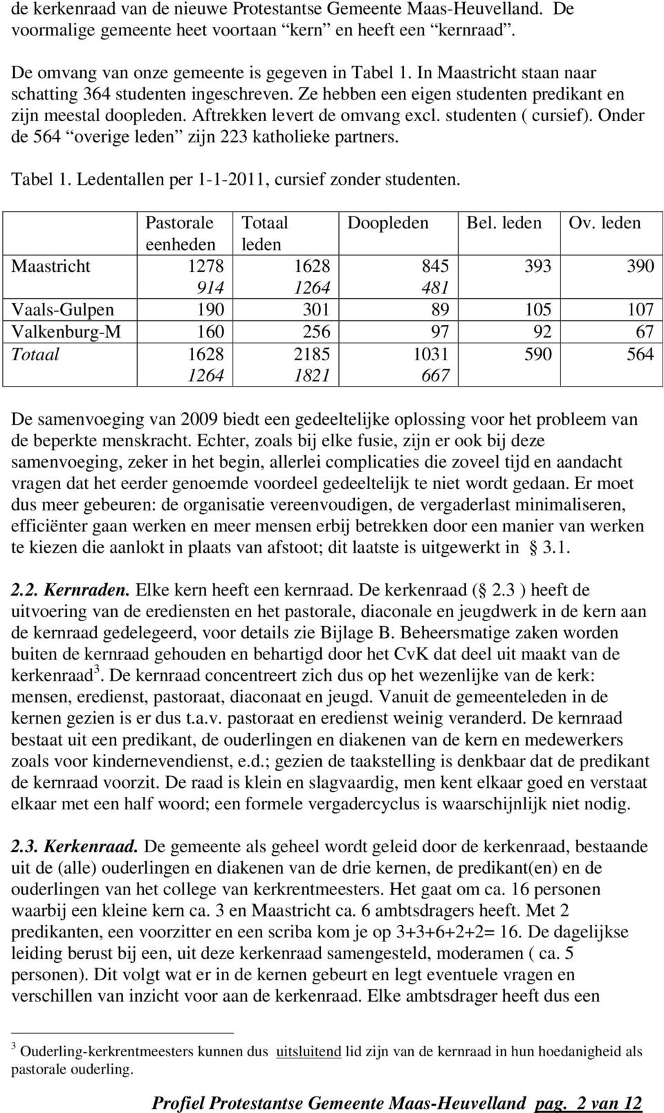 Onder de 564 overige leden zijn 223 katholieke partners. Tabel 1. Ledentallen per 1-1-2011, cursief zonder studenten. Pastorale Totaal Doopleden Bel. leden Ov.