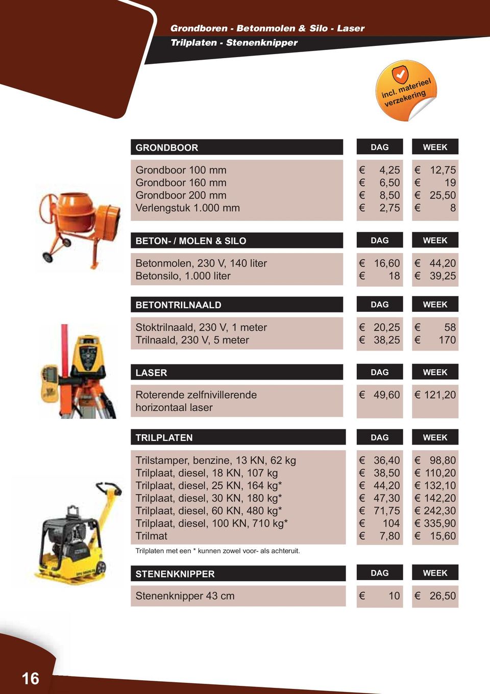 000 liter 16,60 18 44,20 39,25 BETONTRILNAALD Stoktrilnaald, 230 V, 1 meter Trilnaald, 230 V, 5 meter 20,25 38,25 58 170 LASER Roterende zelfnivillerende horizontaal laser 49,60 121,20 TRILPLATEN