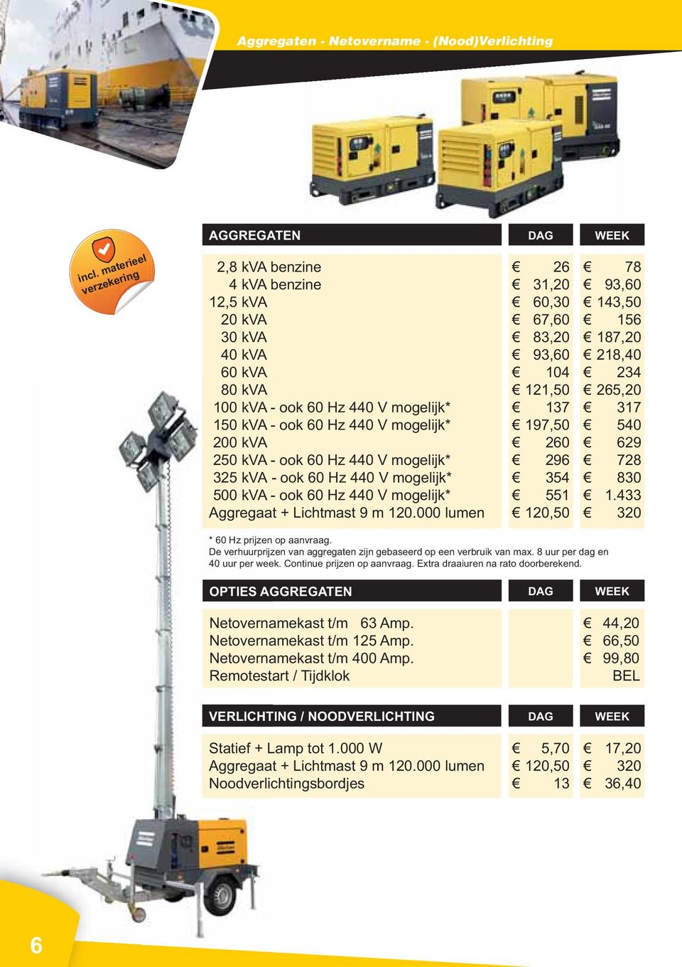 V mogelijk* 325 kva - ook 60 Hz 440 V mogelijk* 500 kva - ook 60 Hz 440 V mogelijk* Aggregaat + Lichtmast 9 m 120.