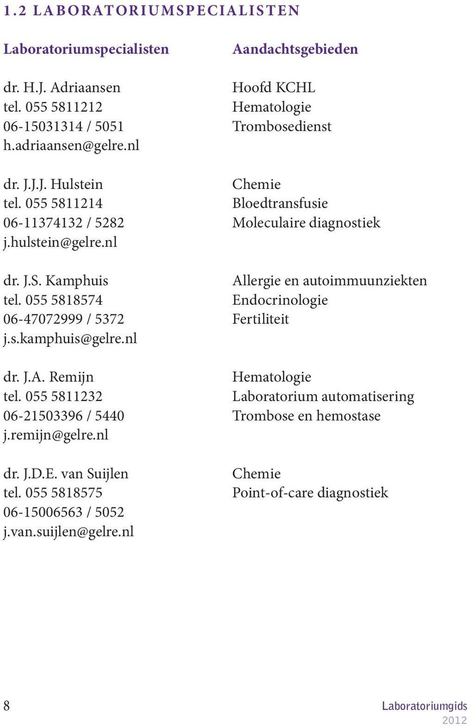 Kamphuis Allergie en autoimmuunziekten tel. 055 5818574 Endocrinologie 06-47072999 / 5372 Fertiliteit j.s.kamphuis@gelre.nl dr. J.A. Remijn Hematologie tel.