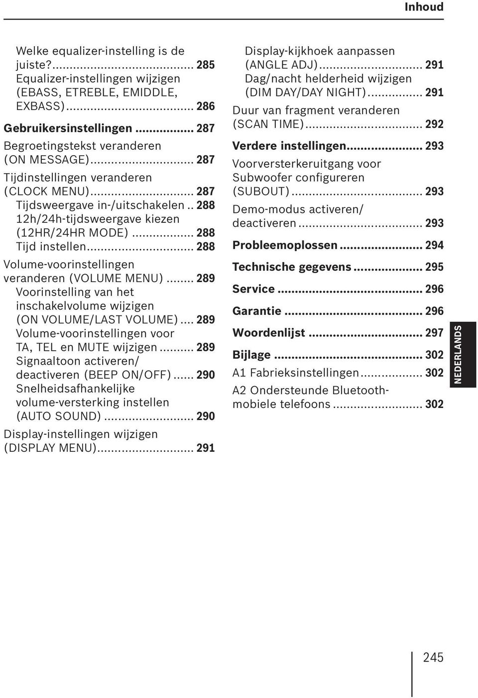 .. 288 Volume-voorinstellingen veranderen (VOLUME MENU)... 289 Voorinstelling van het inschakelvolume wijzigen (ON VOLUME/LAST VOLUME)... 289 Volume-voorinstellingen voor TA, TEL en MUTE wijzigen.