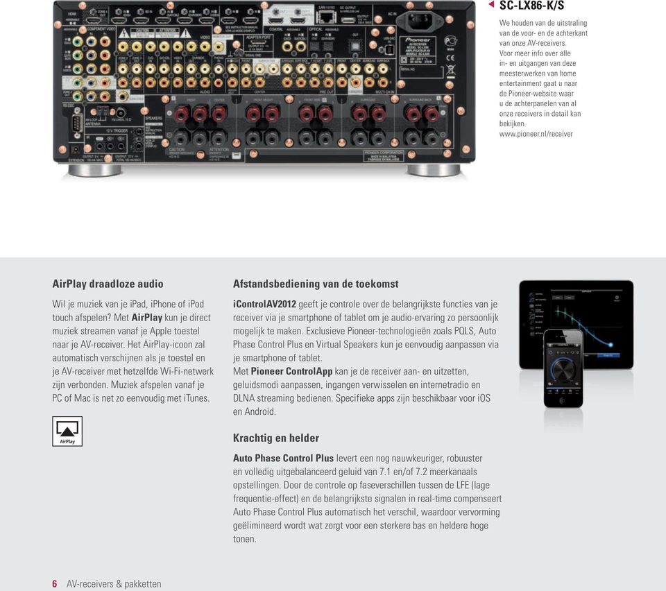 pioneer.nl/receiver AirPlay draadloze audio Wil je muziek van je ipad, iphone of ipod touch afspelen? Met AirPlay kun je direct muziek streamen vanaf je Apple toestel naar je AV-receiver.