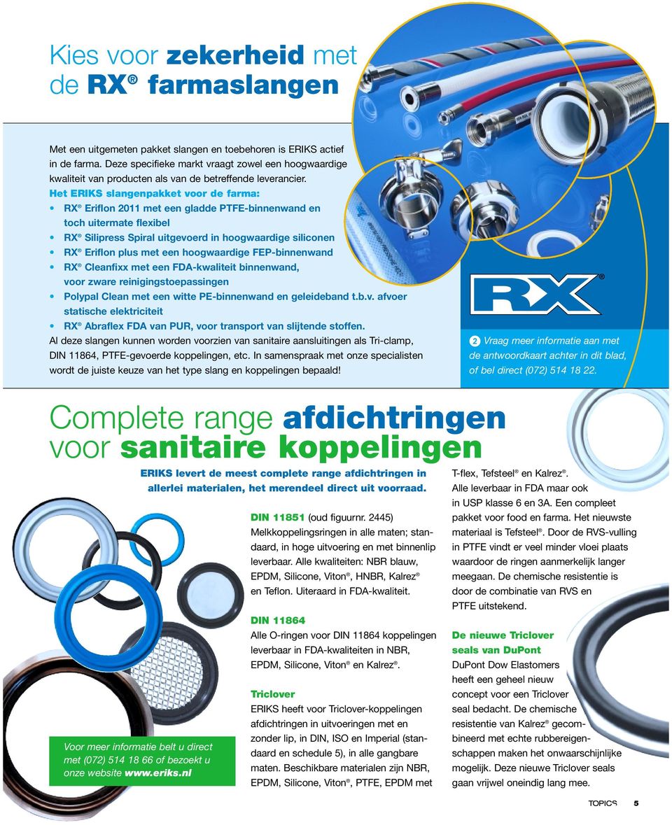 Het ERIKS slangenpakket voor de farma: RX Eriflon 2011 met een gladde PTFE-binnenwand en toch uitermate flexibel RX Silipress Spiral uitgevoerd in hoogwaardige siliconen RX Eriflon plus met een