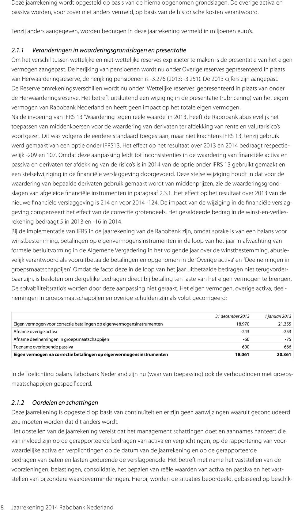 1 Veranderingen in waarderingsgrondslagen en presentatie Om het verschil tussen wettelijke en niet-wettelijke reserves explicieter te maken is de presentatie van het eigen vermogen aangepast.