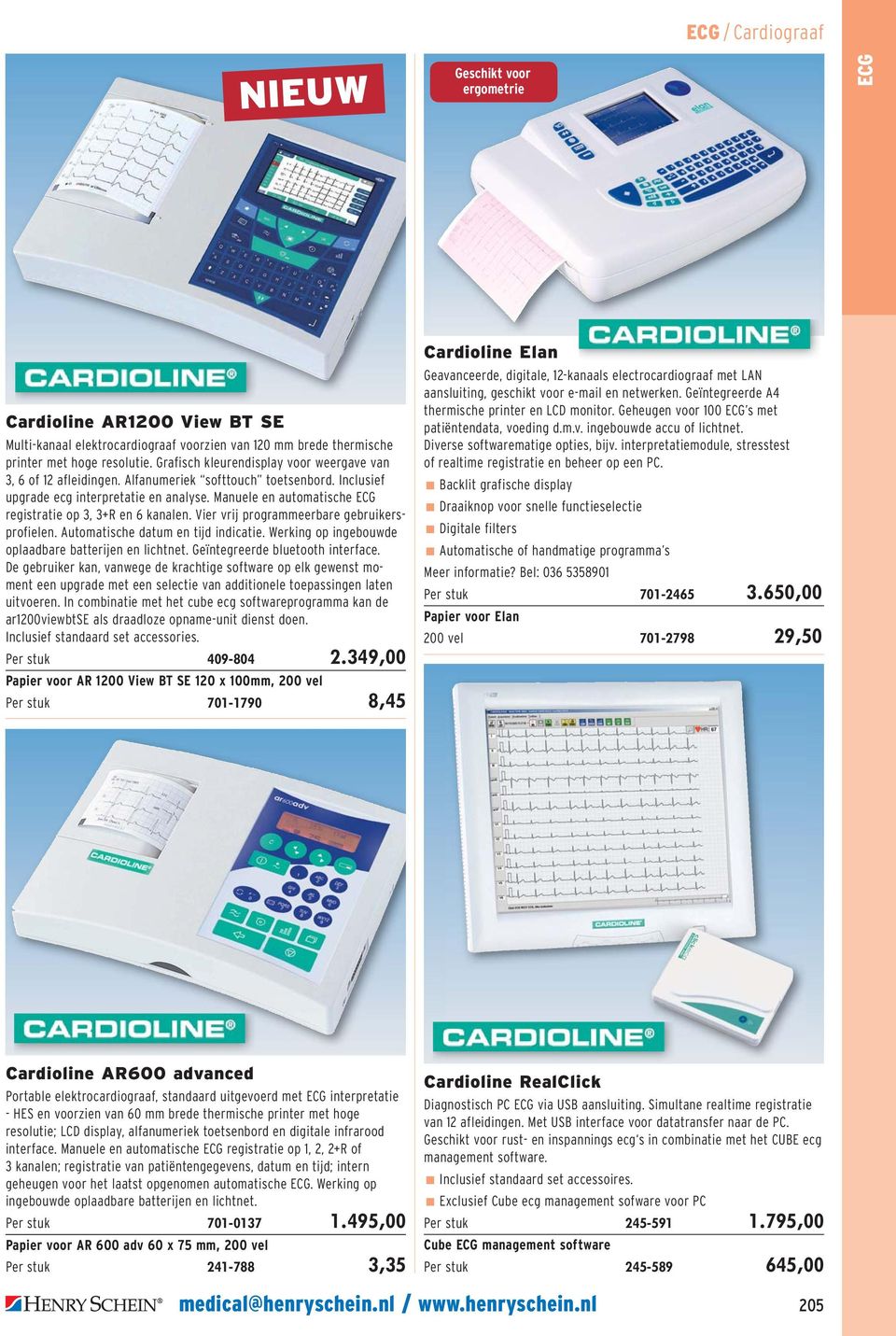 Manuele en automatische ECG registratie op 3, 3+R en 6 kanalen. Vier vrij programmeerbare gebruikersprofielen. Automatische datum en tijd indicatie.