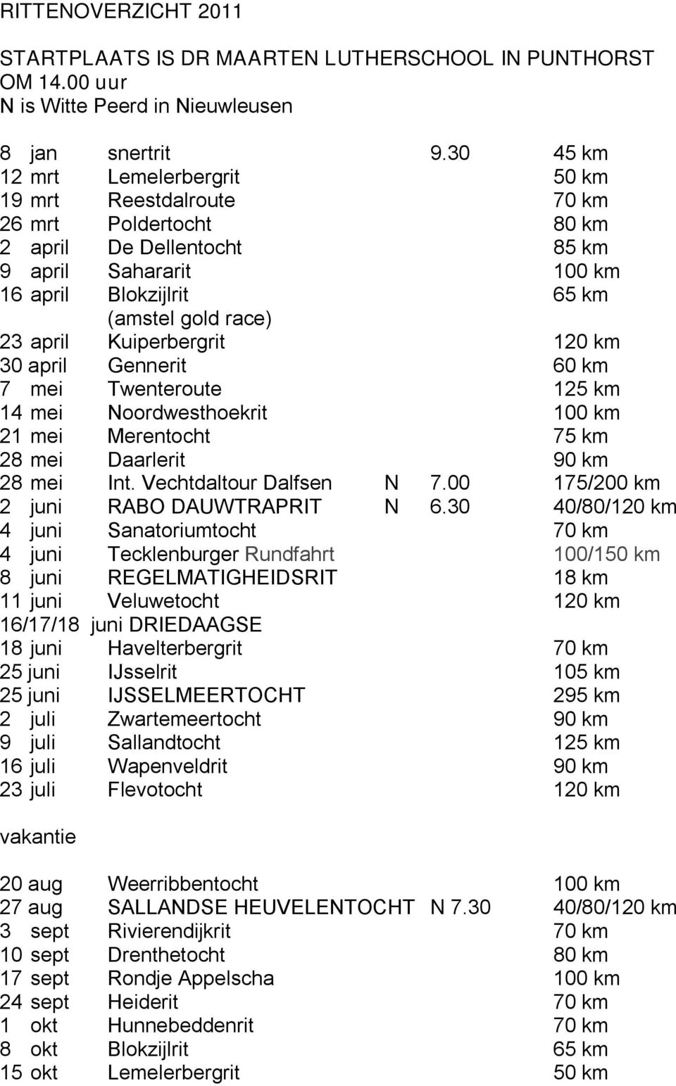 Kuiperbergrit 120 km 30 april Gennerit 60 km 7 mei Twenteroute 125 km 14 mei Noordwesthoekrit 100 km 21 mei Merentocht 75 km 28 mei Daarlerit 90 km 28 mei Int. Vechtdaltour Dalfsen N 7.