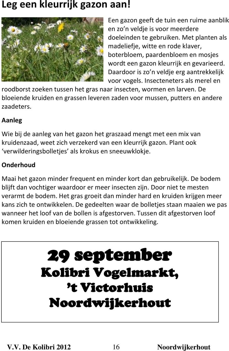 Insecteneters als merel en roodborst zoeken tussen het gras naar insecten, wormen en larven. De bloeiende kruiden en grassen leveren zaden voor mussen, putters en andere zaadeters.