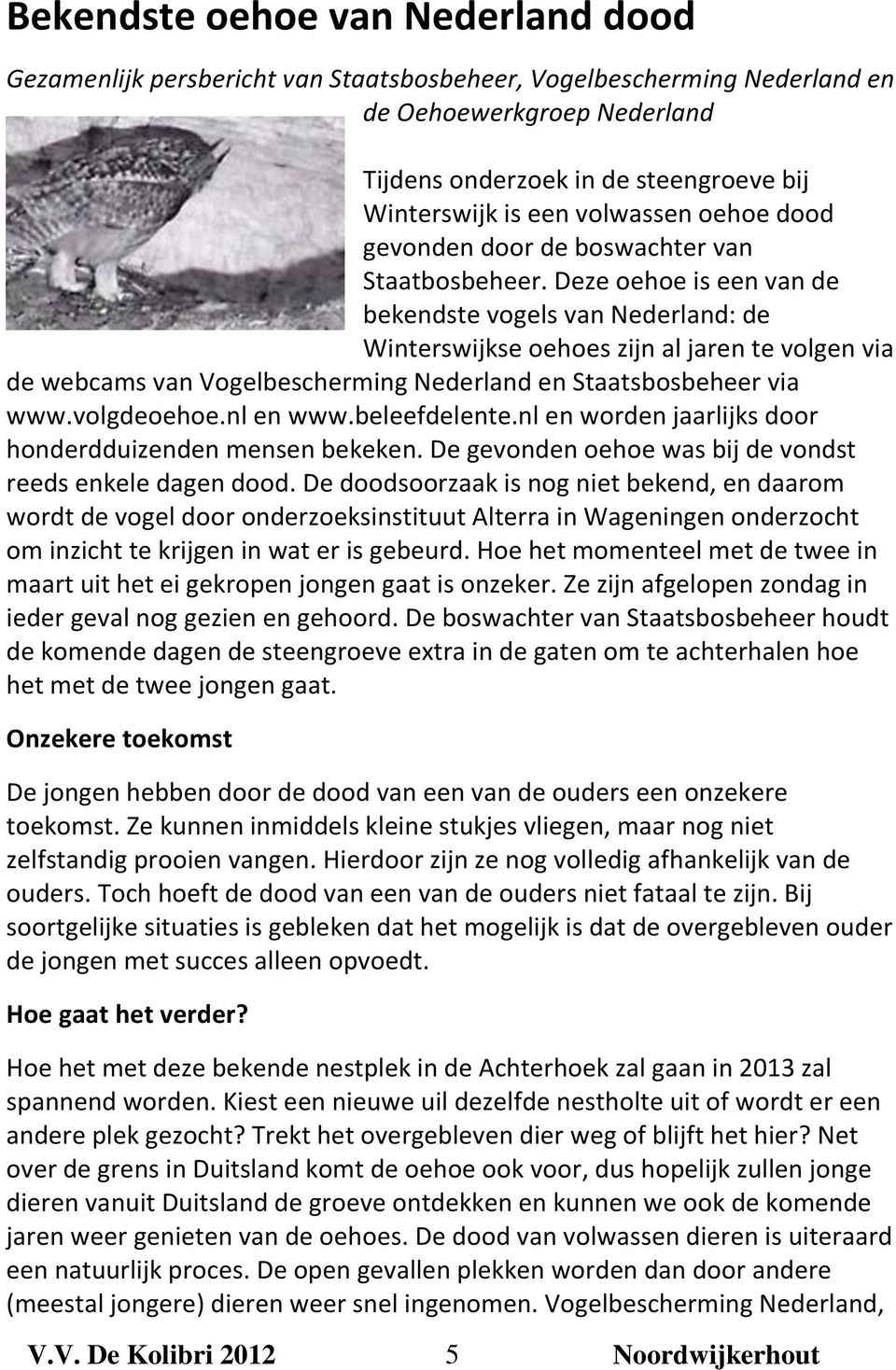Deze oehoe is een van de bekendste vogels van Nederland: de Winterswijkse oehoes zijn al jaren te volgen via de webcams van Vogelbescherming Nederland en Staatsbosbeheer via www.volgdeoehoe.nl en www.