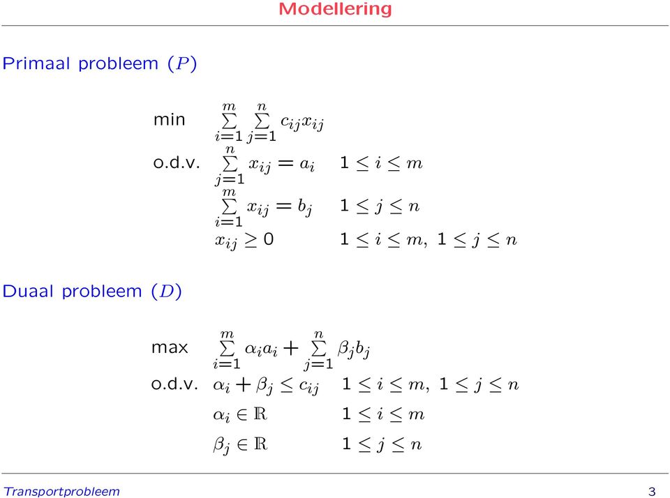i m 1 j n 1 i m, 1 j n Duaal probleem (D) max m i=1 α i a i + n