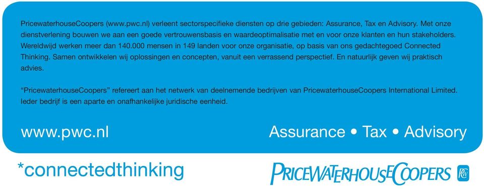 000 mensen in 149 landen voor onze organisatie, op basis van ons gedachtegoed Connected Thinking. Samen ontwikkelen wij oplossingen en concepten, vanuit een verrassend perspectief.