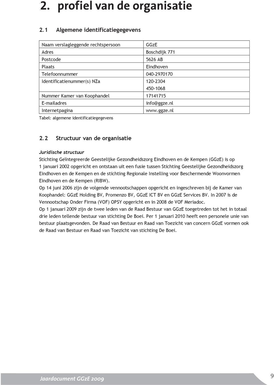Nummer Kamer van Koophandel 17141715 E-mailadres info@ggze.nl Internetpagina www.ggze.nl Tabel: algemene identificatiegegevens 2.