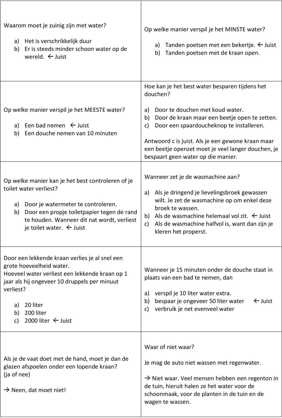 a) Een bad nemen Juist b) Een douche nemen van 10 minuten a) Door te douchen met koud water. b) Door de kraan maar een beetje open te zetten. c) Door een spaardoucheknop te installeren.