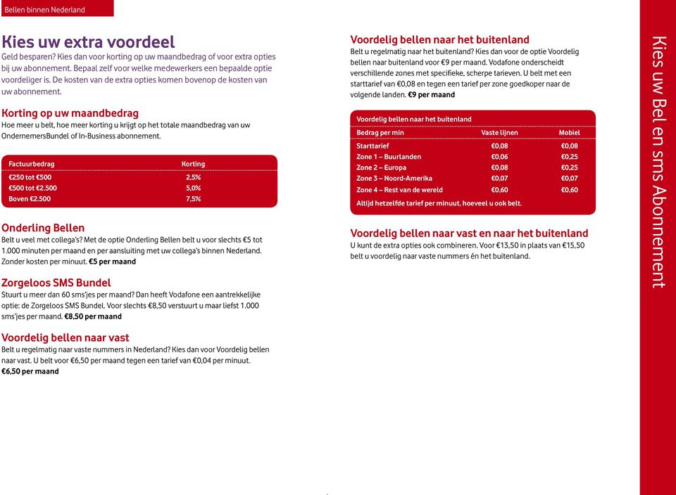 Korting op uw maandbedrag Hoe meer u belt, hoe meer korting u krijgt op het totale maandbedrag van uw OndernemersBundel of In-Business abonnement. Factuurbedrag Korting 250 tot 500 2,5% 500 tot 2.