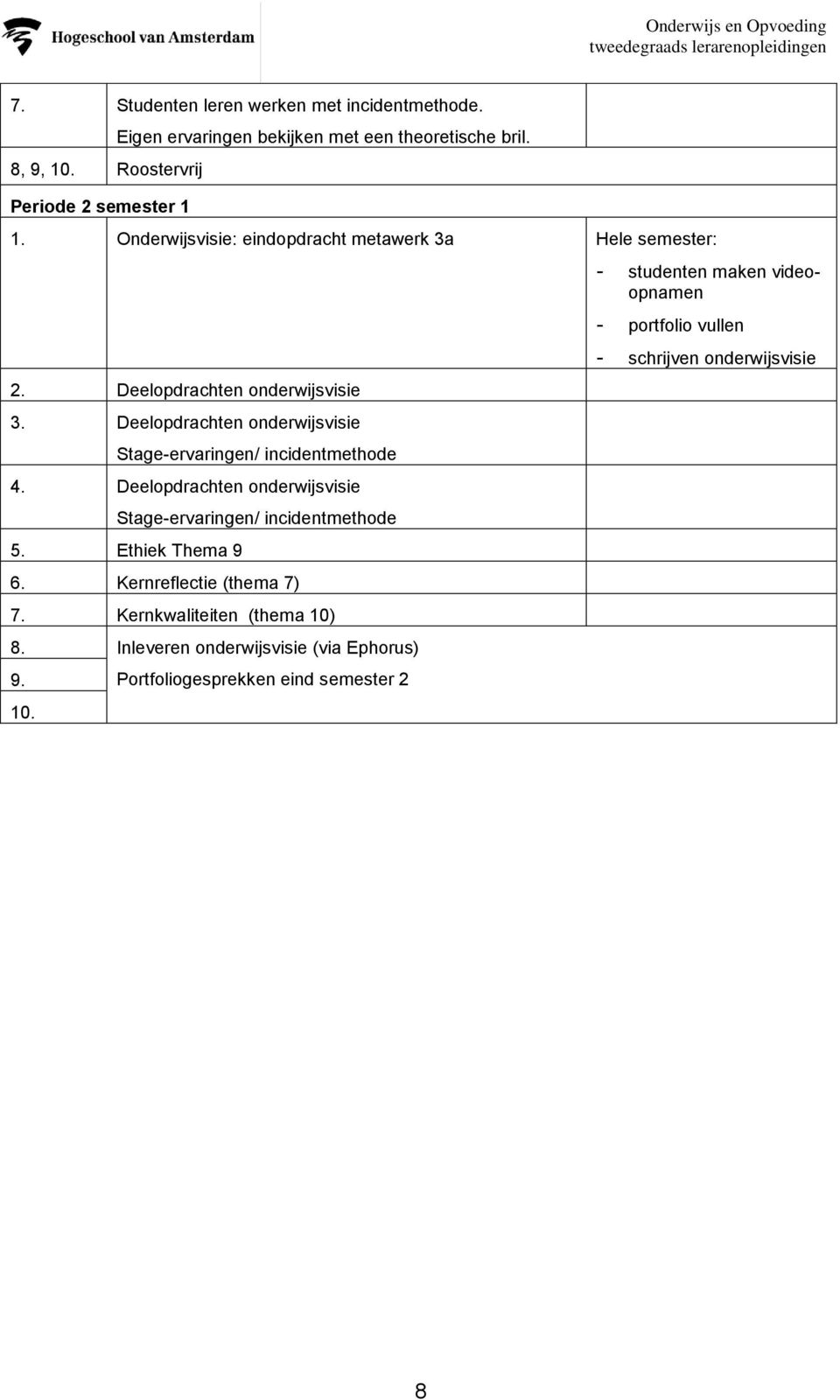 Deelopdrachten onderwijsvisie Stage-ervaringen/ incidentmethode 5. Ethiek Thema 9 6. Kernreflectie (thema 7) 7. Kernkwaliteiten (thema 10) 8.