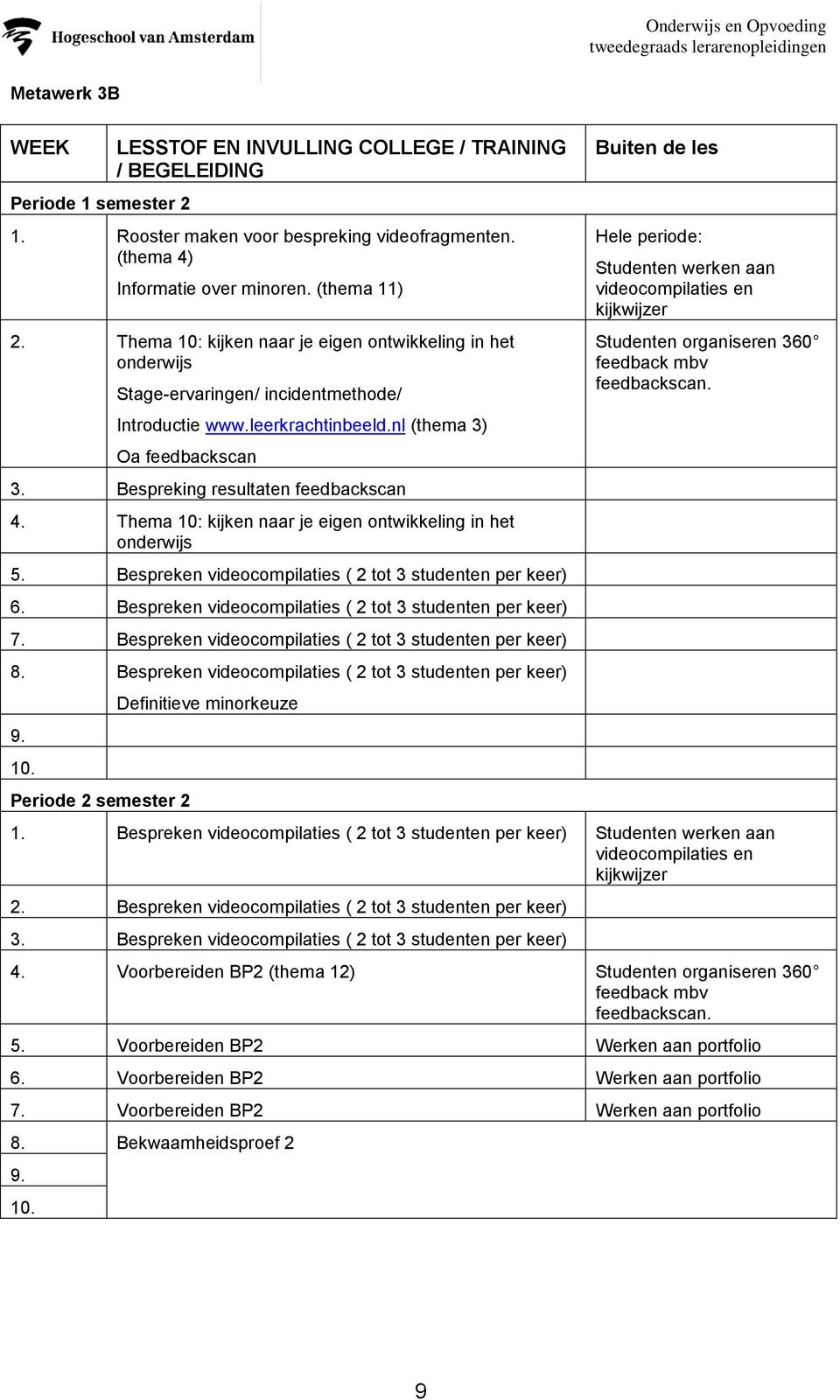 Thema 10: kijken naar je eigen ontwikkeling in het onderwijs 5. Bespreken videocompilaties ( 2 tot 3 studenten per keer) 6. Bespreken videocompilaties ( 2 tot 3 studenten per keer) 7.