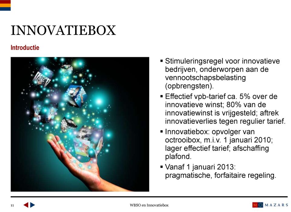 5% over de innovatieve winst; 80% van de innovatiewinst is vrijgesteld; aftrek innovatieverlies tegen