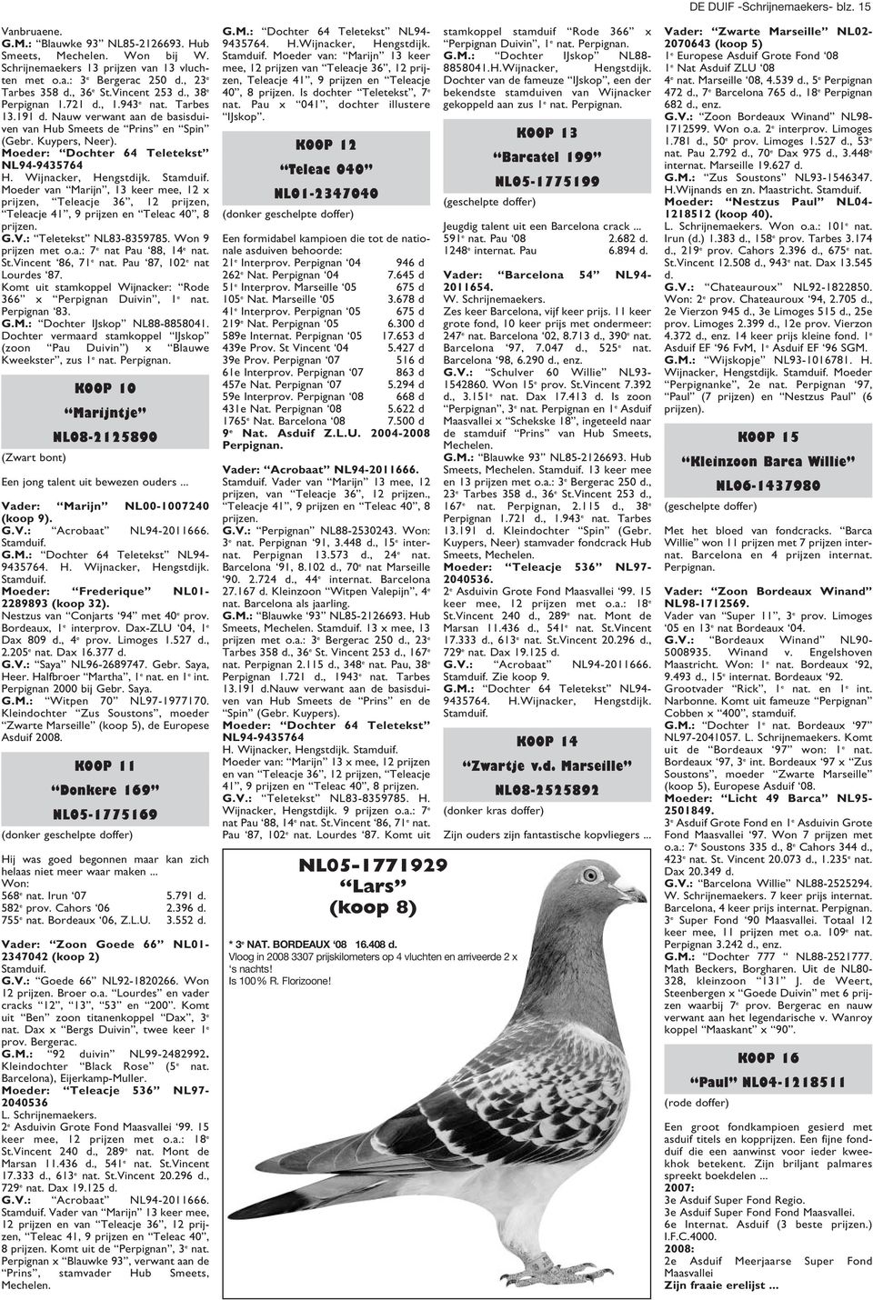 Wijnacker, Hengstdijk. Moeder van Marijn, 13 keer mee, 12 x prijzen, Teleacje 36, 12 prijzen, Teleacje 41, 9 prijzen en Teleac 40, 8 prijzen. G.V.: Teletekst NL83-8359785. Won 9 prijzen met o.a.: 7 e nat Pau 88, 14 e nat.