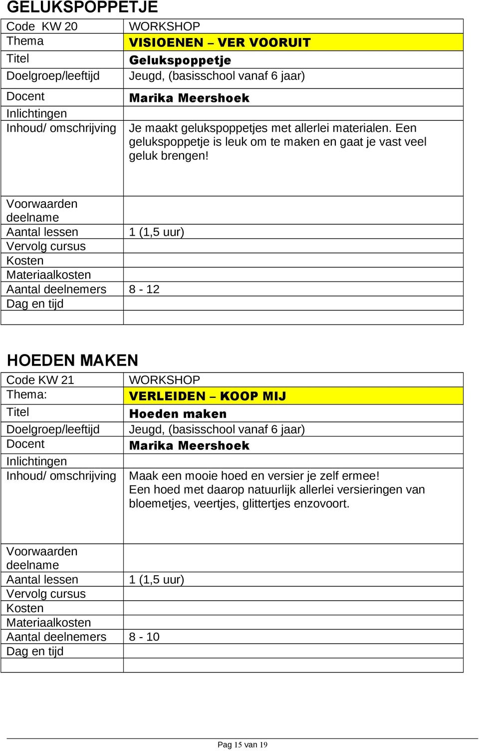 Aantal lessen 1 (1,5 uur) 8-12 HOEDEN MAKEN Code KW 21 : WORKSHOP VERLEIDEN KOOP MIJ Hoeden maken Jeugd, (basisschool vanaf 6 jaar) Maak